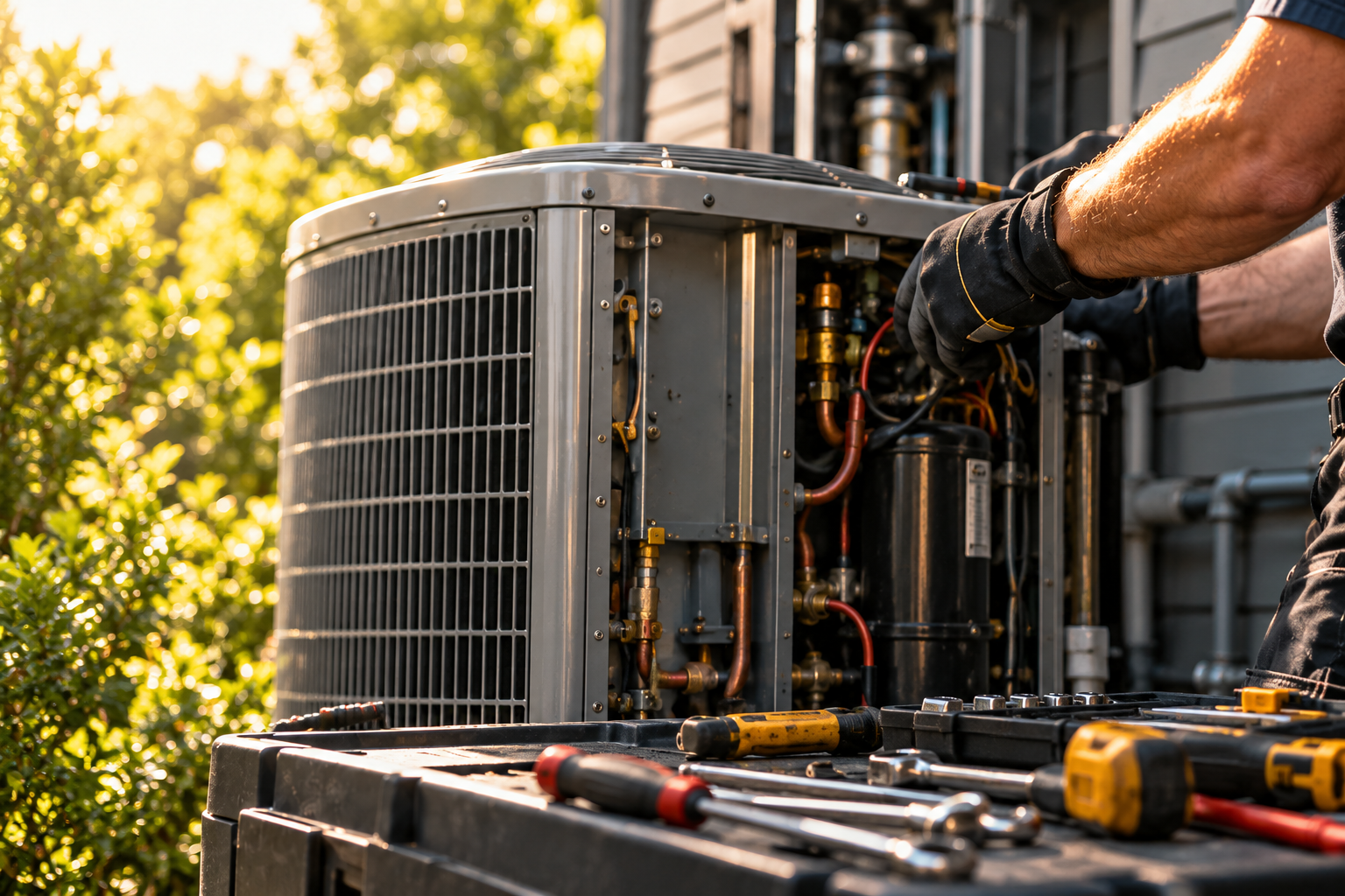 Outdoor HVAC equipment, hand tools and a technician working at a service bench