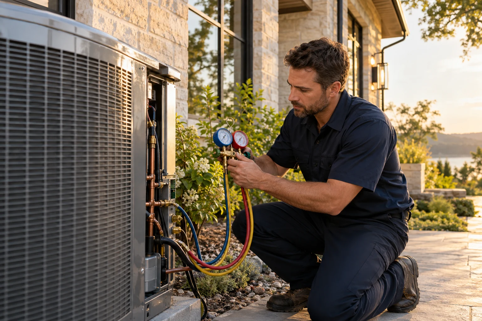 Illustrative HVAC technician working in the field